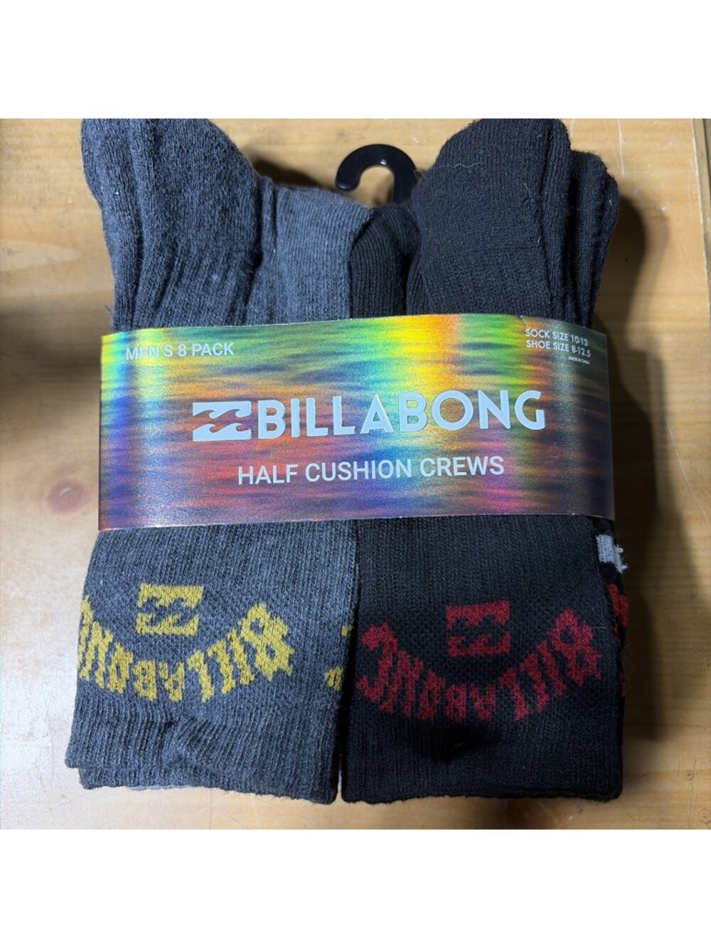 Men Billabong Half Cushion Crew Logo Socks 8 Pairs Shoe Size 8-12.5 ASSORTED New